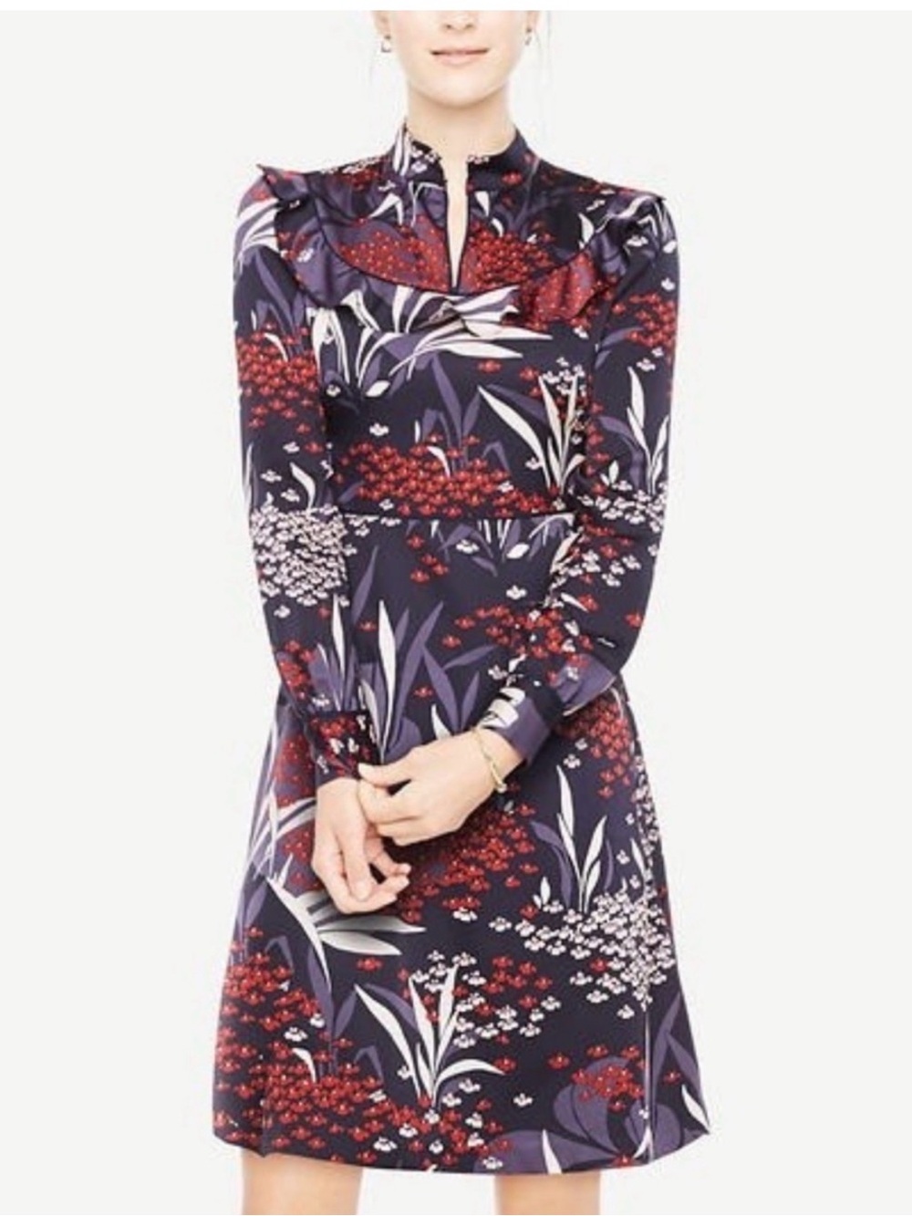 Ann Taylor Floral Long-Sleeve A-Line Dress in Navy and Red